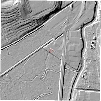Shaded relief map of the ground around RG20JD, computed from Environment Agency LiDAR. The ground here sits at about 39 m above sea level and falls 19 m across the surrounding 800 m. Surface water reaching this point runs off ground lying to the east, 3.1 m higher.