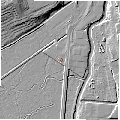 Shaded relief map of the ground around RG20JJ, computed from Environment Agency LiDAR. The ground here sits at about 39 m above sea level and falls 19 m across the surrounding 800 m. Surface water reaching this point runs off ground lying to the east-north-east, 1.4 m higher.