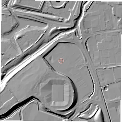 Shaded relief map of the ground around RG20LG, computed from Environment Agency LiDAR. The ground here sits at about 39 m above sea level and falls 16 m across the surrounding 800 m. Surface water reaching this point runs off ground lying to the south-west, 12.2 m higher.