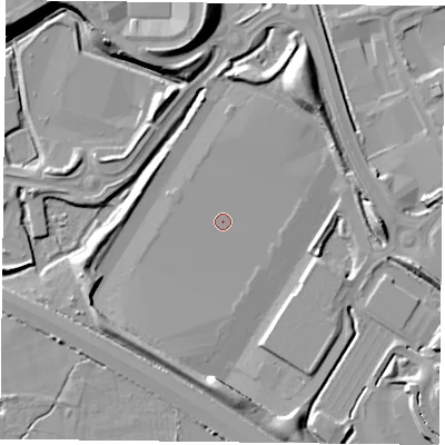 Shaded relief map of the ground around RG20PN, computed from Environment Agency LiDAR. The ground here sits at about 40 m above sea level and falls 14 m across the surrounding 800 m. Surface water reaching this point runs off ground lying to the north-north-east, 8.9 m higher.