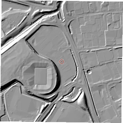 Shaded relief map of the ground around RG20QG, computed from Environment Agency LiDAR. The ground here sits at about 39 m above sea level and falls 15 m across the surrounding 800 m. Surface water reaching this point runs off ground lying to the west-south-west, 12.2 m higher.
