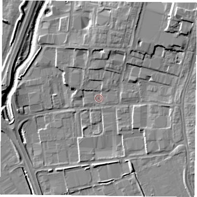 Shaded relief map of the ground around RG20QX, computed from Environment Agency LiDAR. The ground here sits at about 41 m above sea level and falls 14 m across the surrounding 800 m. Surface water reaching this point runs off ground lying to the north-north-east, 5.1 m higher.