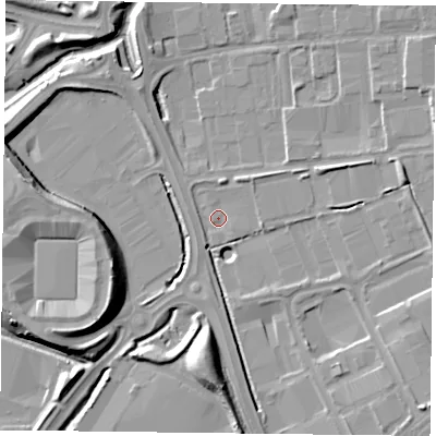 Shaded relief map of the ground around RG20RJ, computed from Environment Agency LiDAR. The ground here sits at about 39 m above sea level and falls 12 m across the surrounding 800 m. Surface water reaching this point runs off ground lying to the east-north-east, 6.7 m higher.