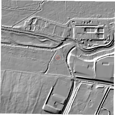 Shaded relief map of the ground around RG20RP, computed from Environment Agency LiDAR. The ground here sits at about 39 m above sea level and falls 11 m across the surrounding 800 m. Surface water reaching this point runs off ground lying to the east-south-east, 1.2 m higher.