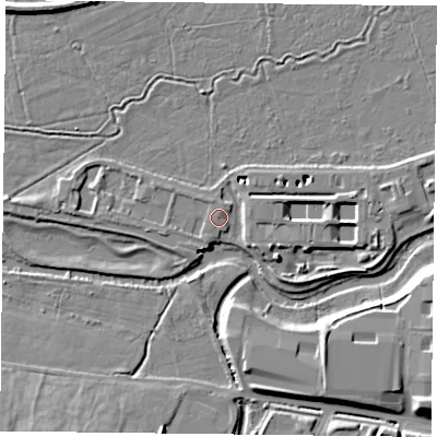 Shaded relief map of the ground around RG20SF, computed from Environment Agency LiDAR. The ground here sits at about 40 m above sea level and falls 10 m across the surrounding 800 m. Surface water reaching this point runs off ground lying to the west-south-west, 1.3 m higher.