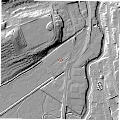 Shaded relief map of the ground around RG20SN, computed from Environment Agency LiDAR. The ground here sits at about 39 m above sea level and falls 19 m across the surrounding 800 m. Surface water reaching this point runs off ground lying to the east, 1.2 m higher.