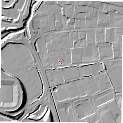 Shaded relief map of the ground around RG20SU, computed from Environment Agency LiDAR. The ground here sits at about 39 m above sea level and falls 12 m across the surrounding 800 m. Surface water reaching this point runs off ground lying to the north-east, 7.9 m higher.