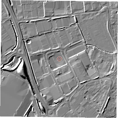 Shaded relief map of the ground around RG20TG, computed from Environment Agency LiDAR. The ground here sits at about 39 m above sea level and falls 11 m across the surrounding 800 m. Surface water reaching this point runs off ground lying to the east-south-east, 6.5 m higher.