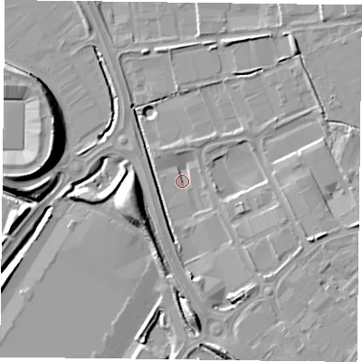 Shaded relief map of the ground around RG20TH, computed from Environment Agency LiDAR. The ground here sits at about 39 m above sea level and falls 12 m across the surrounding 800 m. Surface water reaching this point runs off ground lying to the east-south-east, 6.7 m higher.