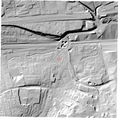 Shaded relief map of the ground around RG211TB, computed from Environment Agency LiDAR. The ground here sits at about 81 m above sea level and falls 24 m across the surrounding 800 m. Surface water reaching this point runs off ground lying to the south-west, 17.4 m higher.