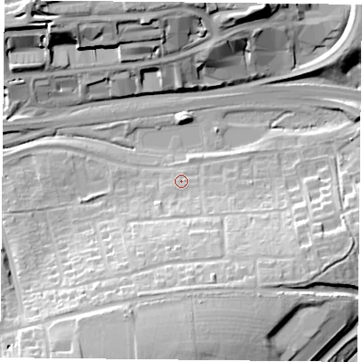 Shaded relief map of the ground around RG214QA, computed from Environment Agency LiDAR. The ground here sits at about 79 m above sea level and falls 23 m across the surrounding 800 m. Surface water reaching this point runs off ground lying to the south, 11.9 m higher.