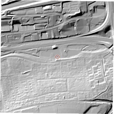 Shaded relief map of the ground around RG214QF, computed from Environment Agency LiDAR. The ground here sits at about 76 m above sea level and falls 27 m across the surrounding 800 m. Surface water reaching this point runs off ground lying to the south, 22.4 m higher.