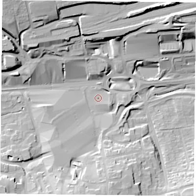 Shaded relief map of the ground around RG217AA, computed from Environment Agency LiDAR. The ground here sits at about 80 m above sea level and falls 27 m across the surrounding 800 m. Surface water reaching this point runs off ground lying to the south, 17.8 m higher.