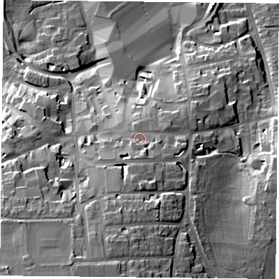 Shaded relief map of the ground around RG217AB, computed from Environment Agency LiDAR. The ground here sits at about 95 m above sea level and falls 27 m across the surrounding 800 m. Surface water reaching this point runs off ground lying to the south-south-east, 3.8 m higher.