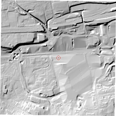 Shaded relief map of the ground around RG217AW, computed from Environment Agency LiDAR. The ground here sits at about 80 m above sea level and falls 27 m across the surrounding 800 m. Surface water reaching this point runs off ground lying to the south-south-east, 13.6 m higher.