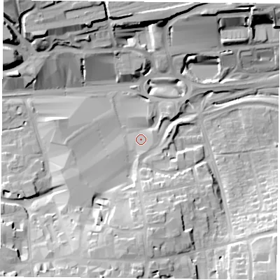 Shaded relief map of the ground around RG217BB, computed from Environment Agency LiDAR. The ground here sits at about 80 m above sea level and falls 25 m across the surrounding 800 m. Surface water reaching this point runs off ground lying to the south-south-west, 18.4 m higher.