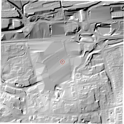 Shaded relief map of the ground around RG217BE, computed from Environment Agency LiDAR. The ground here sits at about 81 m above sea level and falls 24 m across the surrounding 800 m. Surface water reaching this point runs off ground lying to the south-west, 5.2 m higher.