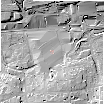 Shaded relief map of the ground around RG217BF, computed from Environment Agency LiDAR. The ground here sits at about 82 m above sea level and falls 22 m across the surrounding 800 m. Surface water reaching this point runs off ground lying to the south-south-west, 3.2 m higher.