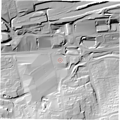 Shaded relief map of the ground around RG217EN, computed from Environment Agency LiDAR. The ground here sits at about 80 m above sea level and falls 27 m across the surrounding 800 m. Surface water reaching this point runs off ground lying to the south, 17.8 m higher.
