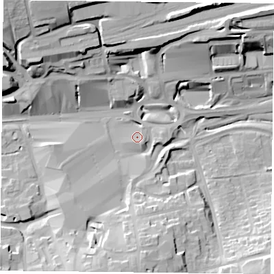 Shaded relief map of the ground around RG217ES, computed from Environment Agency LiDAR. The ground here sits at about 80 m above sea level and falls 27 m across the surrounding 800 m. Surface water reaching this point runs off ground lying to the south-east, 2.0 m higher.