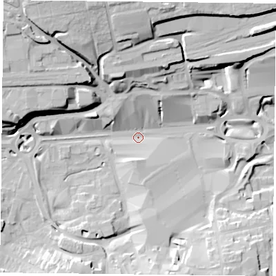 Shaded relief map of the ground around RG217FB, computed from Environment Agency LiDAR. The ground here sits at about 79 m above sea level and falls 28 m across the surrounding 800 m. Surface water reaching this point runs off ground lying to the south, 12.2 m higher.