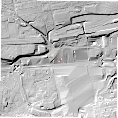 Shaded relief map of the ground around RG217FH, computed from Environment Agency LiDAR. The ground here sits at about 82 m above sea level and falls 29 m across the surrounding 800 m. Surface water reaching this point runs off ground lying to the north-north-west, 27.5 m higher.