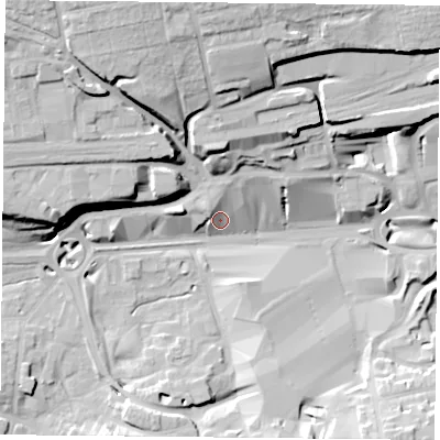 Shaded relief map of the ground around RG217HY, computed from Environment Agency LiDAR. The ground here sits at about 82 m above sea level and falls 29 m across the surrounding 800 m. Surface water reaching this point runs off ground lying to the north-north-west, 27.4 m higher.