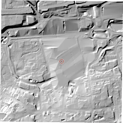 Shaded relief map of the ground around RG217JY, computed from Environment Agency LiDAR. The ground here sits at about 84 m above sea level and falls 22 m across the surrounding 800 m. Surface water reaching this point runs off ground lying to the south, 2.3 m higher.
