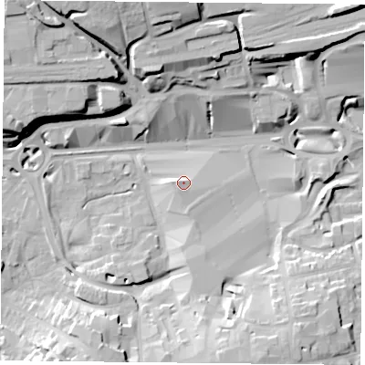 Shaded relief map of the ground around RG217LD, computed from Environment Agency LiDAR. The ground here sits at about 84 m above sea level and falls 25 m across the surrounding 800 m. Surface water reaching this point runs off ground lying to the south-west, 1.4 m higher.