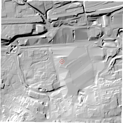 Shaded relief map of the ground around RG217LG, computed from Environment Agency LiDAR. The ground here sits at about 84 m above sea level and falls 24 m across the surrounding 800 m. Surface water reaching this point runs off ground lying to the north-east, 2.3 m higher.