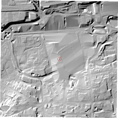 Shaded relief map of the ground around RG217LJ, computed from Environment Agency LiDAR. The ground here sits at about 85 m above sea level and falls 22 m across the surrounding 800 m. Surface water reaching this point runs off ground lying to the south-south-east, 1.8 m higher.