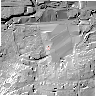 Shaded relief map of the ground around RG217LR, computed from Environment Agency LiDAR. The ground here sits at about 83 m above sea level and falls 22 m across the surrounding 800 m. Surface water reaching this point runs off ground lying to the south-east, 4.7 m higher.