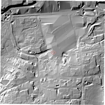 Shaded relief map of the ground around RG217LS, computed from Environment Agency LiDAR. The ground here sits at about 85 m above sea level and falls 25 m across the surrounding 800 m. Surface water reaching this point runs off ground lying to the north-east, 3.8 m higher.