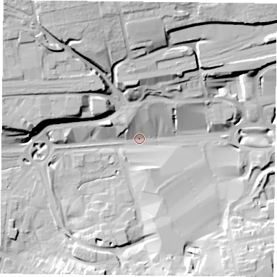 Shaded relief map of the ground around RG217LW, computed from Environment Agency LiDAR. The ground here sits at about 79 m above sea level and falls 28 m across the surrounding 800 m. Surface water reaching this point runs off ground lying to the north-north-west, 26.6 m higher.