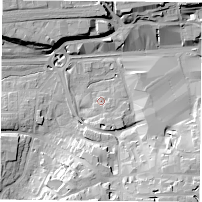 Shaded relief map of the ground around RG217QP, computed from Environment Agency LiDAR. The ground here sits at about 82 m above sea level and falls 21 m across the surrounding 800 m. Surface water reaching this point runs off ground lying to the south-south-east, 4.2 m higher.
