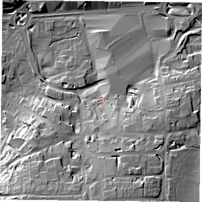 Shaded relief map of the ground around RG217QQ, computed from Environment Agency LiDAR. The ground here sits at about 84 m above sea level and falls 25 m across the surrounding 800 m. Surface water reaching this point runs off ground lying to the south-south-east, 14.5 m higher.