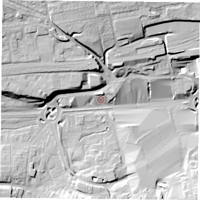 Shaded relief map of the ground around RG217QR, computed from Environment Agency LiDAR. The ground here sits at about 81 m above sea level and falls 29 m across the surrounding 800 m. Surface water reaching this point runs off ground lying to the north-north-west, 27.2 m higher.