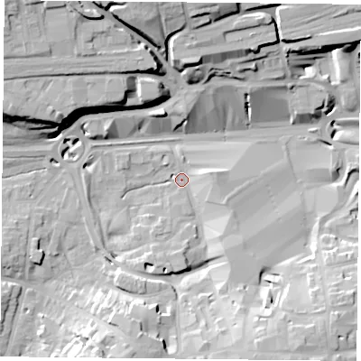 Shaded relief map of the ground around RG217QT, computed from Environment Agency LiDAR. The ground here sits at about 80 m above sea level and falls 25 m across the surrounding 800 m. Surface water reaching this point runs off ground lying to the south-south-east, 16.2 m higher.