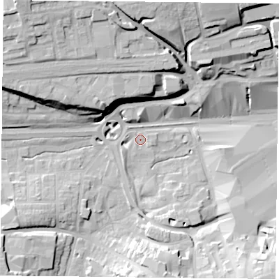 Shaded relief map of the ground around RG217QU, computed from Environment Agency LiDAR. The ground here sits at about 80 m above sea level and falls 24 m across the surrounding 800 m. Surface water reaching this point runs off ground lying to the west-north-west, 17.9 m higher.