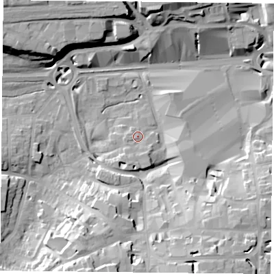 Shaded relief map of the ground around RG217QW, computed from Environment Agency LiDAR. The ground here sits at about 82 m above sea level and falls 22 m across the surrounding 800 m. Surface water reaching this point runs off ground lying to the south-south-west, 3.7 m higher.