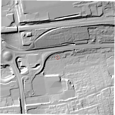 Shaded relief map of the ground around RG217RA, computed from Environment Agency LiDAR. The ground here sits at about 85 m above sea level and falls 24 m across the surrounding 800 m. Surface water reaching this point runs off ground lying to the west-south-west, 6.0 m higher.