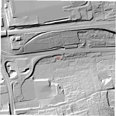 Shaded relief map of the ground around RG217RB, computed from Environment Agency LiDAR. The ground here sits at about 85 m above sea level and falls 24 m across the surrounding 800 m. Surface water reaching this point runs off ground lying to the north-west, 20.0 m higher.