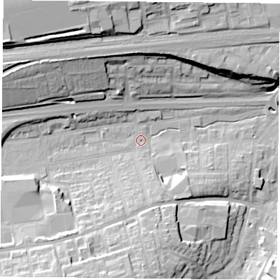 Shaded relief map of the ground around RG217RE, computed from Environment Agency LiDAR. The ground here sits at about 83 m above sea level and falls 26 m across the surrounding 800 m. Surface water reaching this point runs off ground lying to the north-west, 16.2 m higher.