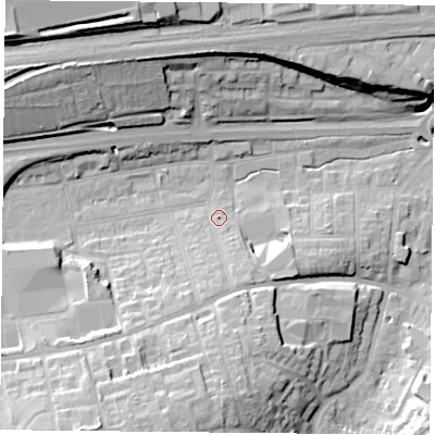 Shaded relief map of the ground around RG217RH, computed from Environment Agency LiDAR. The ground here sits at about 84 m above sea level and falls 26 m across the surrounding 800 m. Surface water reaching this point runs off ground lying to the south, 6.6 m higher.