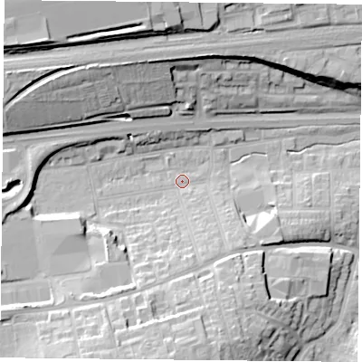 Shaded relief map of the ground around RG217RL, computed from Environment Agency LiDAR. The ground here sits at about 83 m above sea level and falls 24 m across the surrounding 800 m. Surface water reaching this point runs off ground lying to the south-south-west, 16.2 m higher.