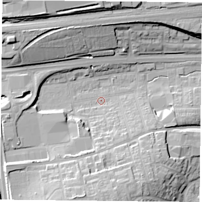 Shaded relief map of the ground around RG217RN, computed from Environment Agency LiDAR. The ground here sits at about 84 m above sea level and falls 24 m across the surrounding 800 m. Surface water reaching this point runs off ground lying to the south-south-west, 9.6 m higher.