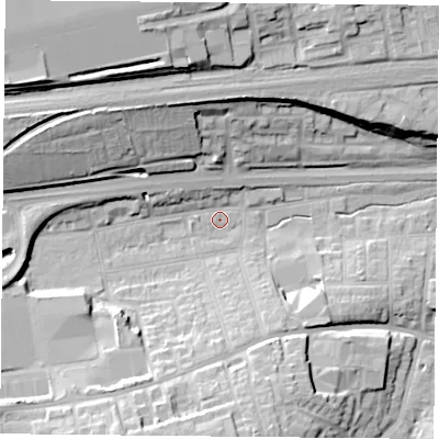 Shaded relief map of the ground around RG217RP, computed from Environment Agency LiDAR. The ground here sits at about 83 m above sea level and falls 24 m across the surrounding 800 m. Surface water reaching this point runs off ground lying to the south-south-west, 14.3 m higher.