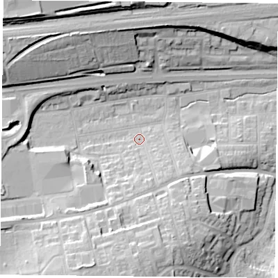 Shaded relief map of the ground around RG217RQ, computed from Environment Agency LiDAR. The ground here sits at about 84 m above sea level and falls 24 m across the surrounding 800 m. Surface water reaching this point runs off ground lying to the south, 7.7 m higher.