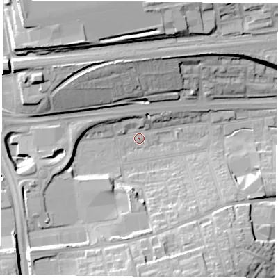 Shaded relief map of the ground around RG217RR, computed from Environment Agency LiDAR. The ground here sits at about 84 m above sea level and falls 24 m across the surrounding 800 m. Surface water reaching this point runs off ground lying to the south, 14.1 m higher.
