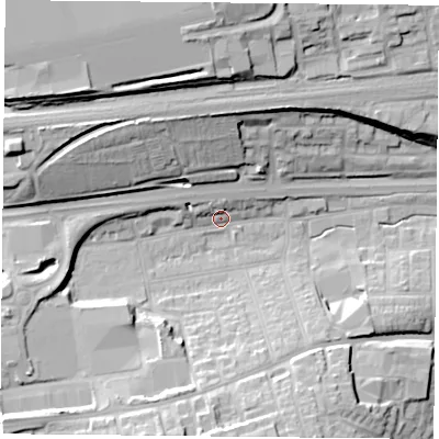 Shaded relief map of the ground around RG217RT, computed from Environment Agency LiDAR. The ground here sits at about 84 m above sea level and falls 25 m across the surrounding 800 m. Surface water reaching this point runs off ground lying to the south-west, 13.0 m higher.